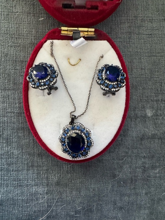 Jewelry - Blue Crystal Floral Pendant Necklace and Clip-On Earrings Set